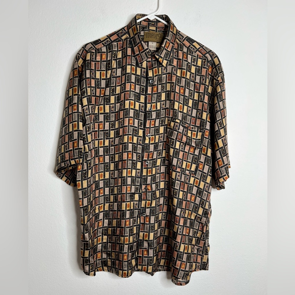 UTOPIA Mens Shirt 100% Silk Button-Up Short Sleeves Size M